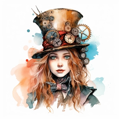 An alice in wonderland character , watercolor steampunk style, white background, clipart