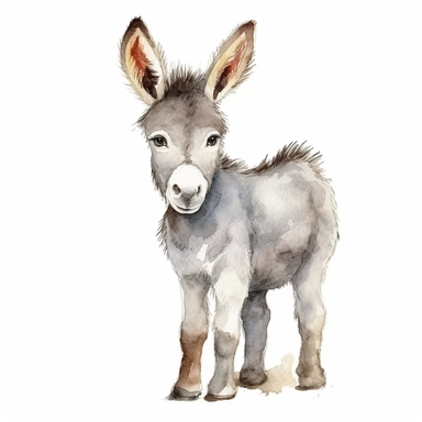 a vibrant baby donkey with kind eyes clipart with watercolor illustration,full body shot,8k,etsy style, white background