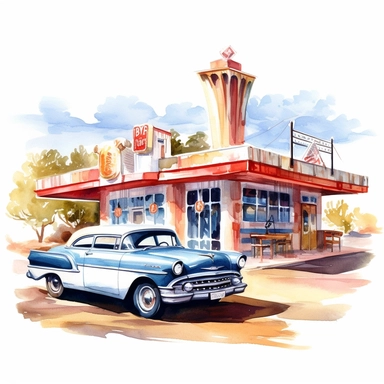 A iconic Route 66 road trip, featuring retro diners, gas stations, expensive vintage car, and desert landscapes, american style, watercolor, clipart,