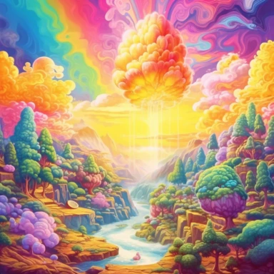 /v5_upscale, light day, triple trippy flowing down the mountain, meadow, trees, magical, wild, rich colors, artistic surrealism clipart, hd, high detail, spaced outultra scale, detailed, extremely bright, charming, stunning, extremely detailed, miracle , amazing, mercury clouds illumination, light background, vitamins, with holographic, neon syrup