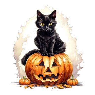 Black cat sitting in Jack - o' - lantern, halloween, isolated on white background watercolor, high detail, unique, intricate detail, hand Sublimation Clipart, Cartoon, hyper realistic, intricate detail, illustration style, high solution, on the white background