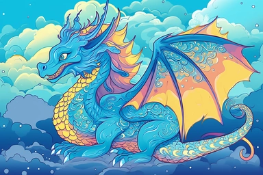 dragon cute cartoon clipart blue sky dragon, in the style of neon color palette, dreamlike realism, артур скижали-вейс, psychedelic artwork, graph paper, kawaii charm, pseudo-realistic