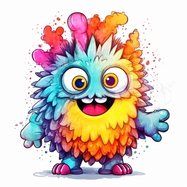 whimsical kawaii chibi fluffy colorful monster with big eyes, big teeth cartoon clipart on white background with margins, watercolor, icon, sticker, vivid colors, full colors, and details, 32k, 3d