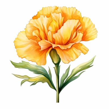 Watercolor yellow carnation clipart on a white background in the style of feminine sticker art, Tanya Shatseva, storybook illustration, bright yellow and golden hues, Georgia O'Keeffe, flower and nature motifs, colored line art, colored outlines, cottagecore design, watercolor on white background, ombre, sunny tones, colored line art, colored outlines, iridescent ombre, gradient shading, symbol of cheerfulness, vibrant digital art oil paint photorealism, an illustration of a colored flower, meti