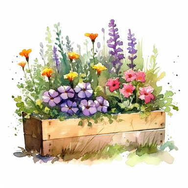 clipart, a watercolor painting of a wooden flower box filled with beautiful flowers and plants, in the style of yanjun cheng, colorful animations, rough clusters, clean and simple designs, leica cl, warm color palettes, colorful washes, white background--ar 34:33