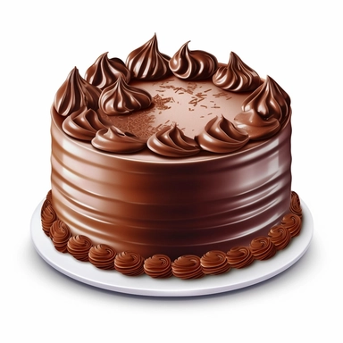 Create a high-quality clipart image of a classic chocolate birthday cake white background. Show a round cake with layers of moist chocolate cake and smooth chocolate buttercream frosting.