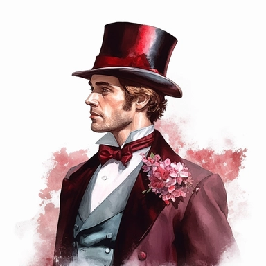 Design a digital artwork showcasing a handsome gentleman in a rich cherry-colored Victorian attire. Highlight his exquisite profile, complete with a sophisticated hat that adds an extra touch of charm. White background, clipart, watercolor, intricate details