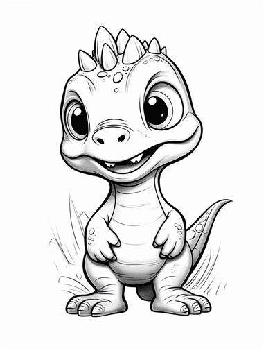 outline drawing of a friendly dinosaur, kids coloring book, basic shape, clipart, full body visible, black and white