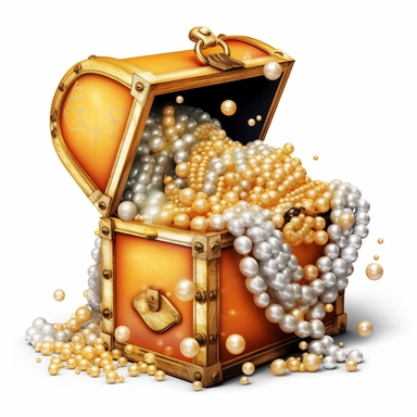 Clipart,A treasure chest overflowing with pearls and gold coins, hyperrealistic, hyper high definition