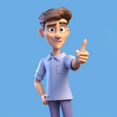 3d render, caucasian young man, nurse cartoon character wears blue shirt, looks at camera, shows right direction with finger. Medical clip art isolated on light background
