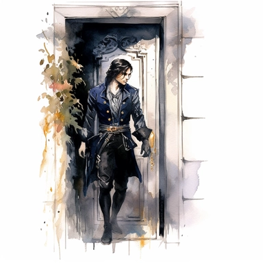 a goth prince muscular and attractive leaves the room through a door gothic atmosphere evening hours watercolor Clipart