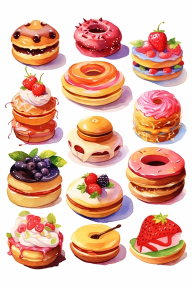sweets, pies, cakes and doughnuts cartoon style, cute cartoon food lot. Pixar childrens book cartoon style, detailed, modern, urban, watercolor, full color, flat color, white background, children book illustration. Watercolor clipart. Pixar animation