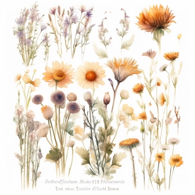 Create a stunning collection of ultra-detailed watercolor clipart, capturing the untamed beauty of wild flowers and the delicate charm of dried plants. The clipart should showcase a variety of wild flowers, such as daisies, sunflowers, lavender, and other blossoms found in nature's wilderness. Each flower should be meticulously painted, preserving the unique colors and intricate details that make them so captivating. Additionally, incorporate dried plants, including delicate stems, leaves, and s