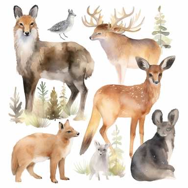 watercolor forest animals including Coyote, Elk, Gray squirrel, Lynx, and Muskrat, Watercolor clipart on white background, single design
