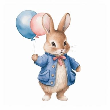 Watercolor svg clipart of a cute cartoon adorable Peter rabbit holding a blue balloon kawaii animal, illustration by Beatrix potter , pastel pink jacket, png isolated on white background