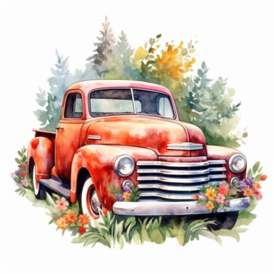 old vintage pickup car is standing on flowers, full flowers on the back, watercolor style, Sublimation Clipart,hyper realistic, intricate detail, illustration style,high solution,on the white background