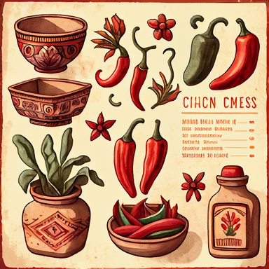 Draw a set of watercolor-style clip art images that feature red chilis that resemble Mexican ceramics and tiles. The images should have a rustic and intricate aesthetic, and should incorporate elements such as shape of country of Mexico in various shapes and sizes with traditional Mexican patterns and designs, made from different colors and shades. The images should be depicted in a variety of different styles and sizes, and should be adorned with details such as texture, shading, and other real