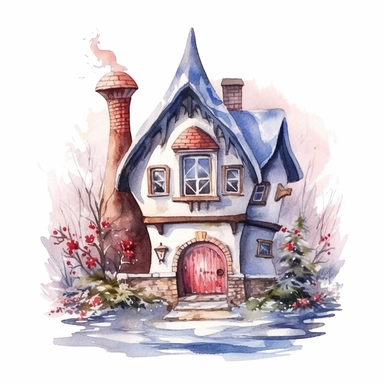 winter, snow, frozen, cute Cottagecore fairy house Clipart, watercolor, white background with margins