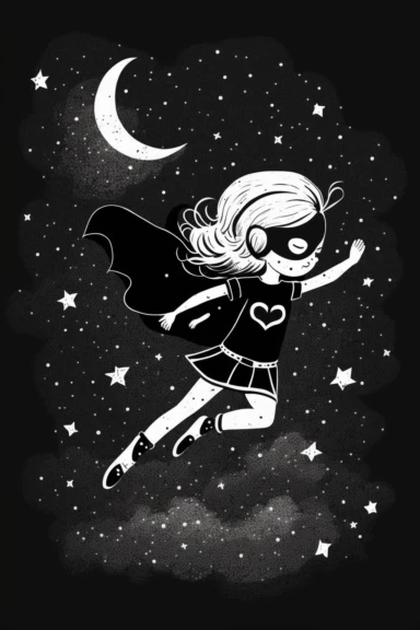 *minimalistic pixar style clipart, minimalistic nordic style clipart, flying superhero kid girl with mask, night, moon, stars, minimalistic black and white color palette,