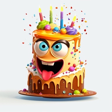 clipart of a messy two layer birthday cake, there is a funny face in the cake, candles, cartoon, for kids, funny, pixar, 8k, white background, sharp focus, detailed,