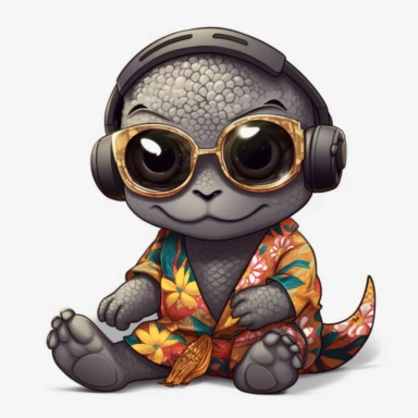 sticker, clipart, cartoon of a cute Komodo Dragon cub with sun glasses and headphones, dressed with japanese gear,Kimonos, yukatas, geta sandals, tabi socks, kanzashi hair ornaments, and samurai armor, 3D, disney pixar style, puppy eyes, looking at athe camera, white background ,high definition, high resulotion, highly detailed,16K
