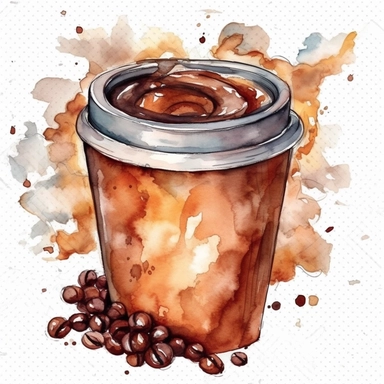 coffee to go cup, clip art, watercolor, isolated white background, 8k