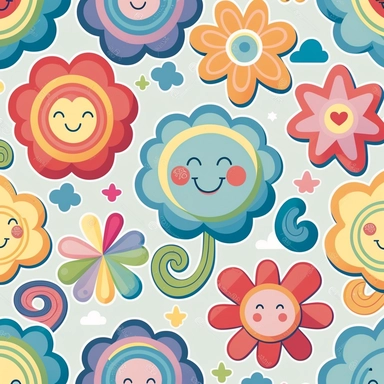 Seamless Pattern of Quirky Whimsical Magical flower Clipart Cartoon Blossoms, Pastel rainbow loops, hooks, hearts, stars, doodles swirls, silk Decorative buttons, illustration, painting, watercolor, cartoon, kawaii chibi