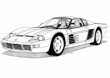 ferrari testarossa on white background, centered, cocktail clipart, clipart, hiroshi nagai, coloring book, bold outlines, black and white