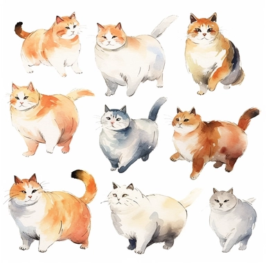 fat cat, cat play, running cat, little cat, sleeping cat, white background, clipart, Object, vector collection, 8k, watercolor