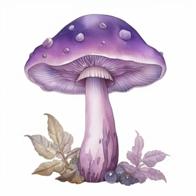 illustration of a mushroom, watercolor art, cartoon artstyle, magical purple color palette, clipart, isolated on a white background, very high quality, 8k