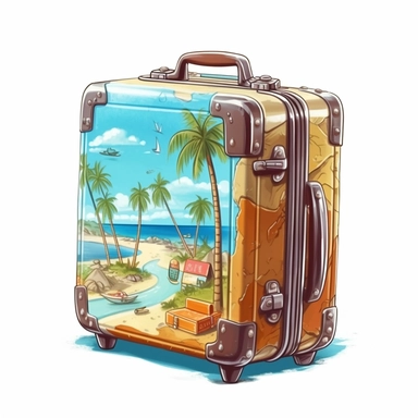 a single clipart image png graphic of a Realistic Painting Clipart Beach Vacation Luggage PNG Illustration, very detailed, Cartoon,hyper realistic, intricate detail, illustration style,high solution,on the white background