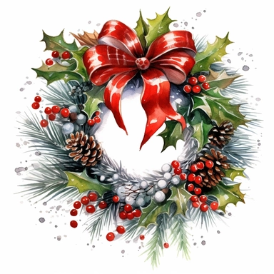 Create a watercolor clipart of a beautiful Christmas wreath adorned with traditional holiday elements like holly, berries, pine cones, and ribbons, very detailed, Cartoon,hyper realistic, intricate detail, illustration style,high solution,on the white background