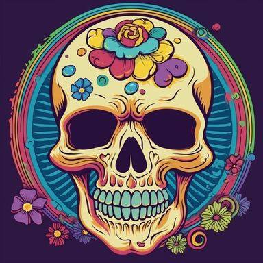 Create a clipart-style illustration of a skull with a Grateful Dead-inspired design, where colorful images resembling tattoos are placed only on the skull itself. The skull should have a disoriented and confused expression, as if it's high on drugs. Begin by sketching the outline of a skull, paying attention to its distinct features such as the eye sockets, nasal cavity, and jawline. Keep the lines simple and clean, adhering to the clipart style. Within the boundaries of the skull, place colorfu