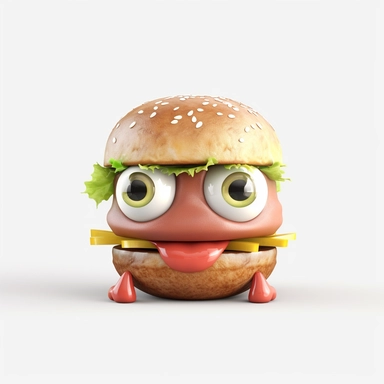 cute hamburger character. hamburger, cheeseburger, cartoon, eye, illustration, funny, character, fast food, food, unhealthy, cute, face, fun, goofy, three-dimensional , Clipart, white isolated background, space out, hd, 8k, realistic