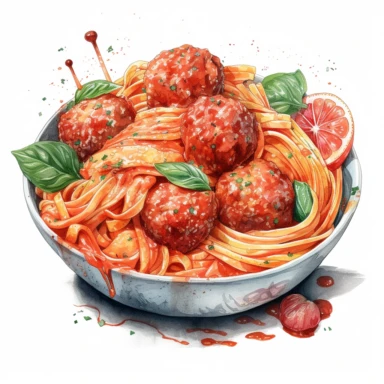 watercolor, hyper realistic, white background, white margins, 16k, ultra detailed clipart, cut out image, hand-drawn, whimsical A comforting bowl of spaghetti and meatballs, with juicy meatballs, al dente pasta, and a rich tomato sauce, sprinkled with freshly grated Parmesan cheese. Warm hues of red and orange create a cozy and familiar ambiance.