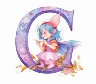 create clipart of children book illustration letter Q with fairy tale, in the style of ruth sanderson, light purple and pink blue, skottie young, soft-edged, white background
