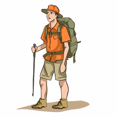 a man hiking, cartoon style, clipart, on white background