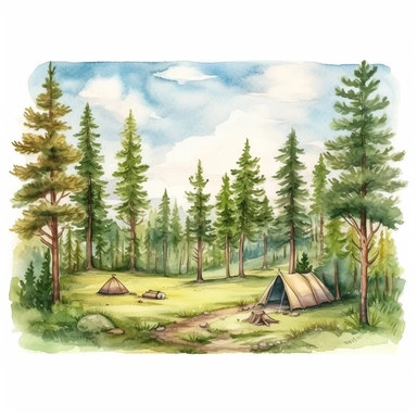 Create a hand drawn watercolor clipart featuring serene forest landscape with tall trees, winding paths, and wildlife, creating a peaceful camping ambiance, 4k