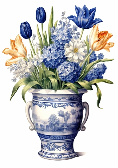 a Delft Blue Dutch ceramic planter - Dutch Charm: Tulips (Netherlands), Hyacinths (Netherlands), Daisies (Germany) - artistic watercolor clipart
