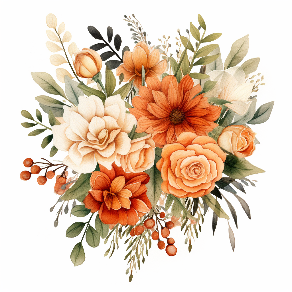 burnt orange flower bouquet, soft natural colors, with green leaves ...