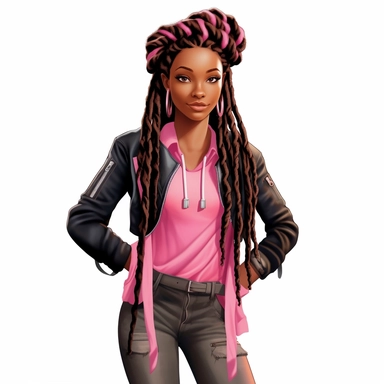 This schoolgirl radiates confidence and poise as she stands front and center, showcasing her sculpted abs in a fashionable pink crop top. Her black jacket adds a touch of sophistication to her look, while her vibrant pink and white dreadlocks bring a playful energy. Against the clean white background, she commands attention with her magnetic presence and impeccable style. Clipart, white background, intricate detail.
