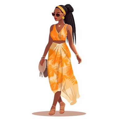 black modern woman with braids, full body wearing summer dress with sandals clipart