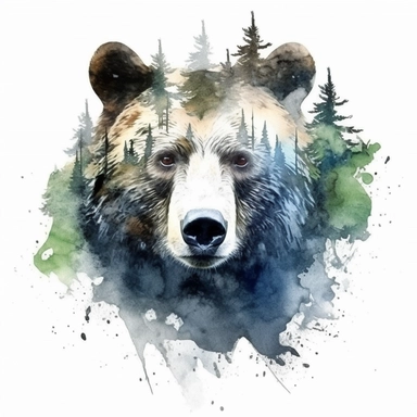 double exposure, bear head and forest,watercolor,white background,clipart