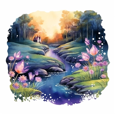 cartoon fairy glen by the River, grass and flowers line the sides if the river, glowing lights and sparkles, colors of green purple gold and blue, glamorous realistic and detailed, watercolor, white background with margins, clipart style
