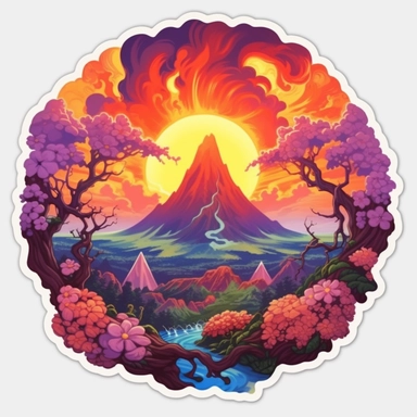 volcano erupting, close up, a sticker, artwork of t shirt graphic of majestic forest, in digital painting style , beautiful flowers, sunset mountains and clouds , big vines, stone temple covered in vines, white background, colorful fantasy flower surround, highly detailed clean, vector image, photorealistic masterpiece, professional photography, realistic, flat white background, isometric, vibrant vector, clipart, illustration, realism, 4k, , cinematic, front view, white background, paradise, ex