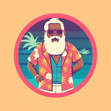Create a flat icon-style illustration of Santa Claus as cartoon character with an 80s Miami vibe. He is wearing aviator sunglasses, a Hawaiian shirt, and a gold nickel chain. The illustration should depict a full body figure of Santa Claus against a white background. Use a vector style graphic similar to the vector minimalistic clipart stock images , with simple shapes and don't use outlines. Limit the color palette to just two colors.