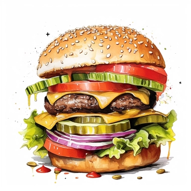 a watercolor, hyper-realistic clipart image with a white background and white margins, showcasing a classic cheeseburger with a juicy beef patty, melted cheese, lettuce, tomatoes, and pickles. The ultra-detailed, hand-drawn elements capture the textures and colors of the burger ingredients. Use bold shades of brown, green, and red to evoke the mouthwatering and indulgent nature of this fast food staple