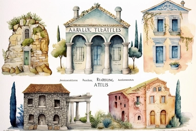 Very cute and Whimsical antique houses of Athens, ancient Greece, ancient architecture, period of B.C., colorful, Watercolor in the style of Drew Brophy, clip art, white background,