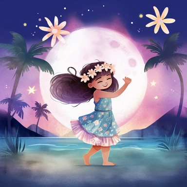watercolour, tropical island setting, showcase an adorable little polynesian hula girl (aged 8) she is dancing under the moonlight on the beach with full moon and twinkling stars above, she is happy, she has tropical beautiful flowers in her hair, the feeling is magical, clipart style