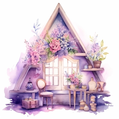 A fairytale style attic corner with watercolor effect,suitable for digital clipart,white background,magical flowers,magical scene,fairy vibrant colors,pink,purple,lavender,soft details